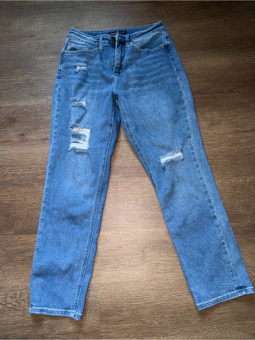 Royalty For Me High-Rise Distressed Straight-Leg Jeans in Blue Wash